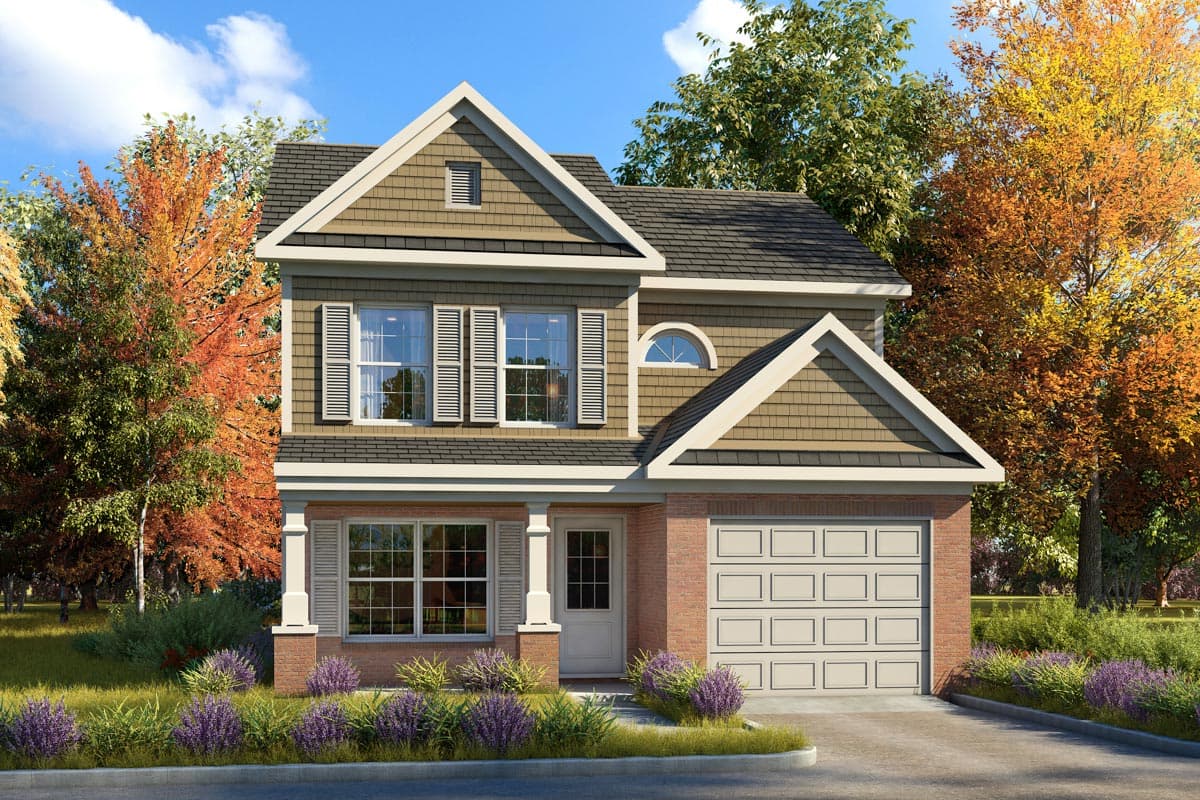 House plan exterior with two stories, a gabled roof, brick facade, and a garage. Features include a front porch and window shutters.