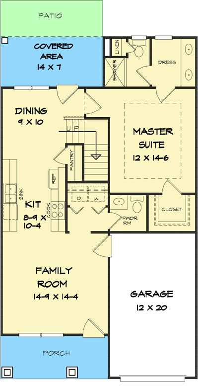 Plan 36093DK: Four Bedroom House Plan for a Narrow Lot - 1424 Sq Ft - Floor Plan - Main Level - Country, Northwest, Traditional