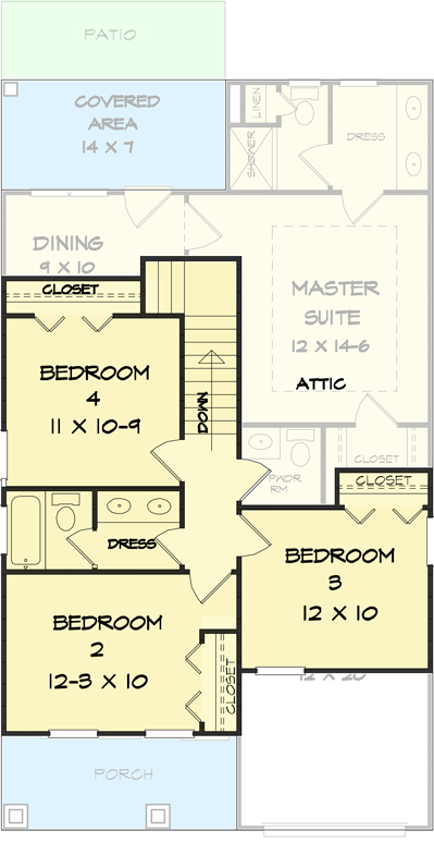 Plan 36093DK: Four Bedroom House Plan for a Narrow Lot - 1424 Sq Ft - Floor Plan - 2nd Floor - Country, Northwest, Traditional