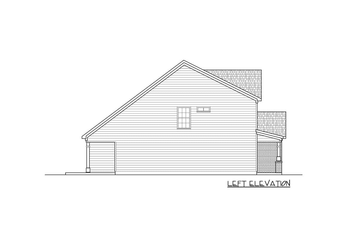 Left elevation house plan drawing with siding, a gable roof, a window, and a porch.