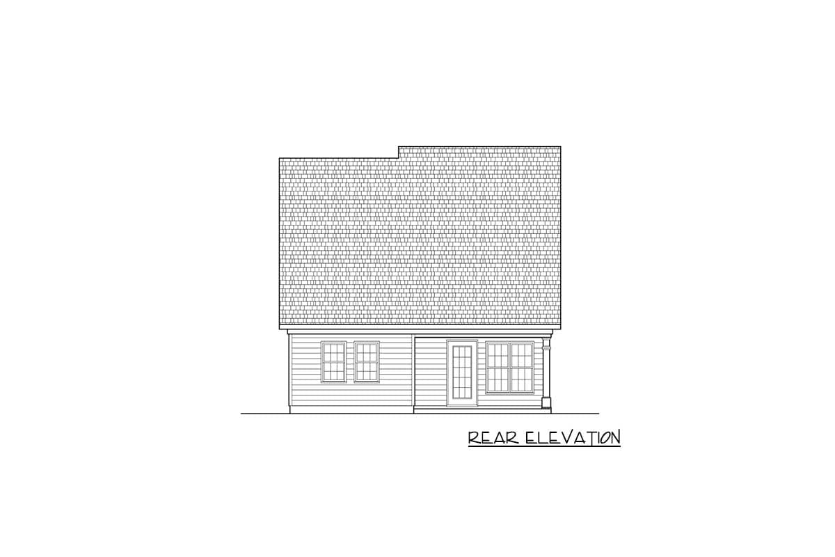 Rear elevation house plan drawing with a pitched roof, two windows, and a glass door.
