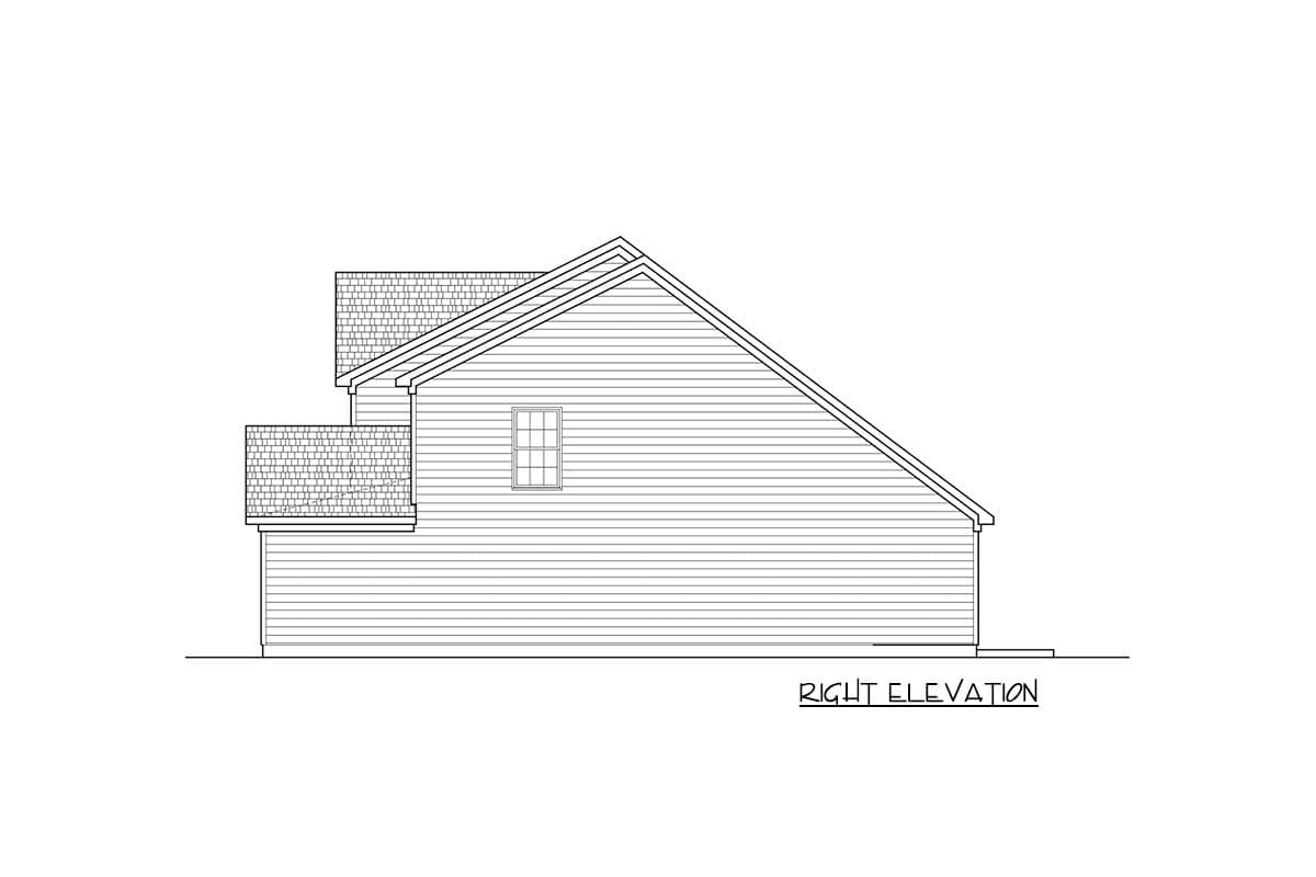 Right elevation of a house plan showing siding, a gable roof, and a single window.