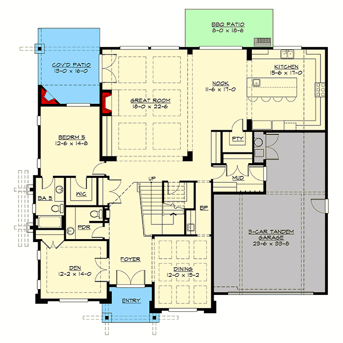 Plan 23682JD: Stunning Prairie Modern House Plan with 3-Car Tandem Garage - Floor Plan - Main Level - Contemporary, Northwest, Prairie