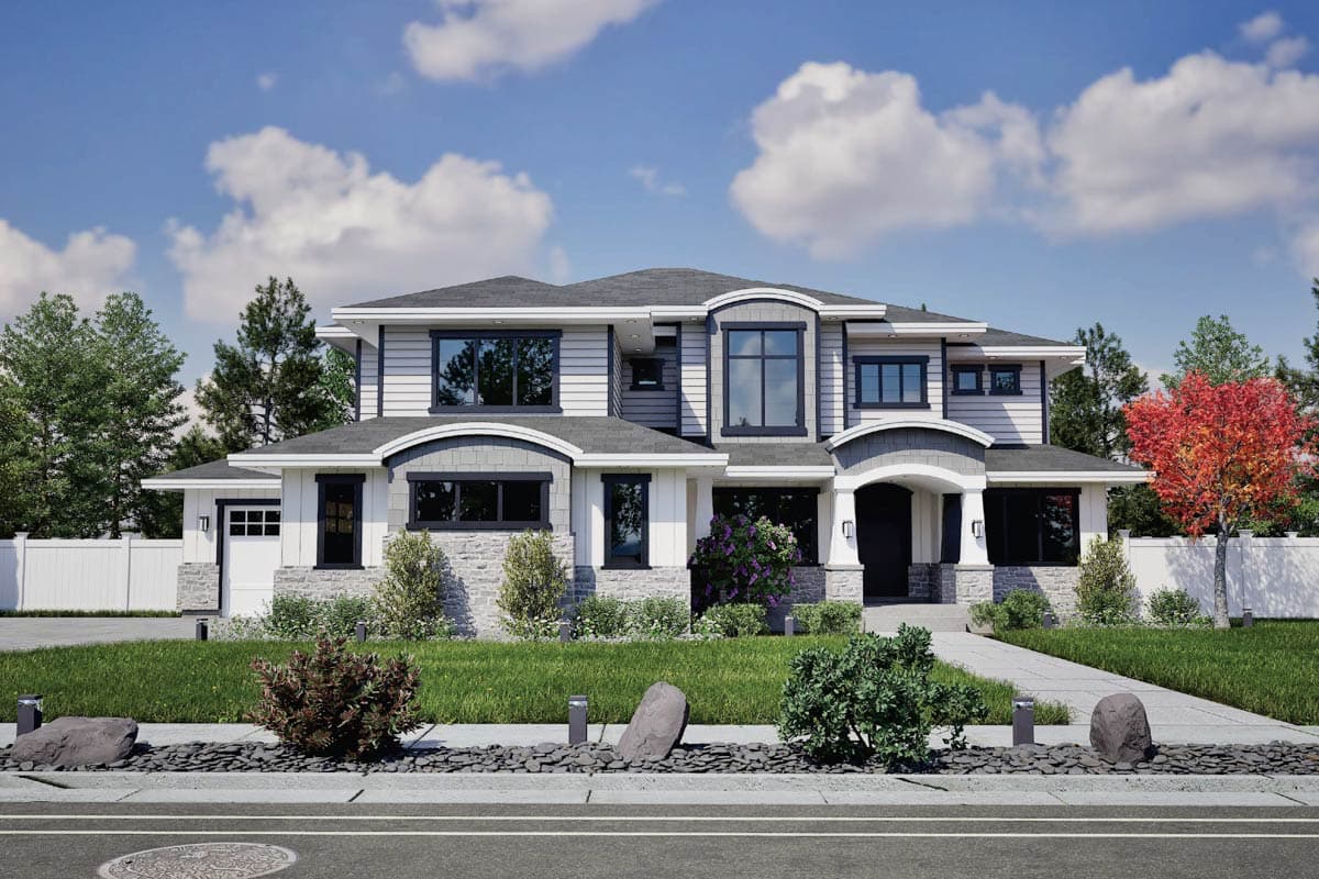 House plan exterior. Two-story home with Craftsman-style elements, stone accents, arched entryway, and multiple gables. Features attached garage.