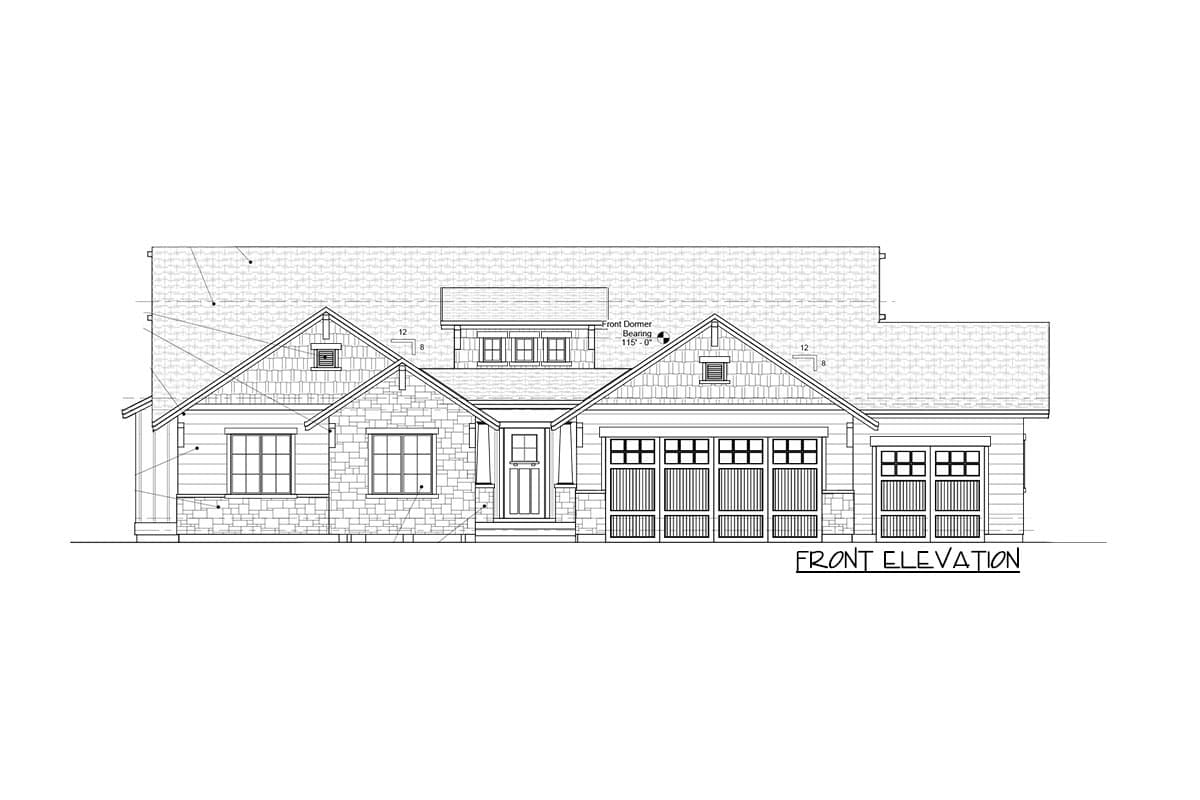 Front elevation drawing of a house plan with stone and shingle siding, prominent gables, a front dormer, and a three-car garage.