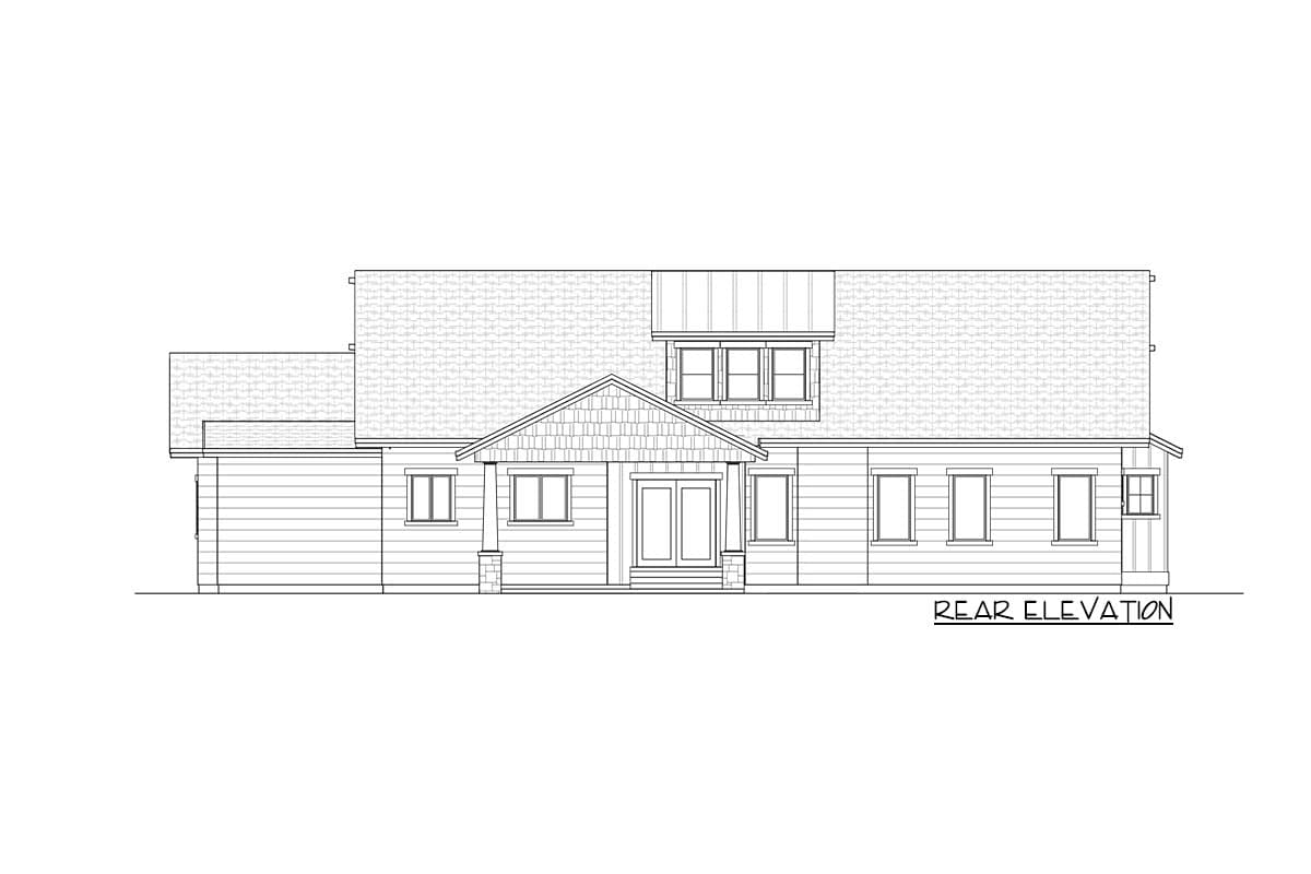 Rear elevation drawing of a two-story house with a gabled entrance porch and multi-pane windows.