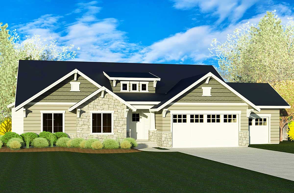 House plan exterior featuring a Craftsman style. The one-story home has gabled rooflines, a stone facade, and a garage with paneled door.
