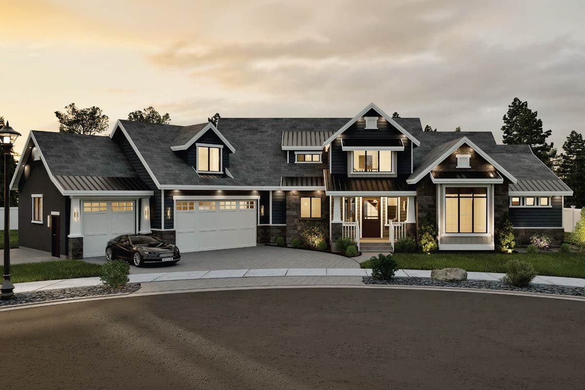 House plan exterior. Two-story Modern Farmhouse with gabled roof, dormers, and front-entry porch. Attached garage with two bays.