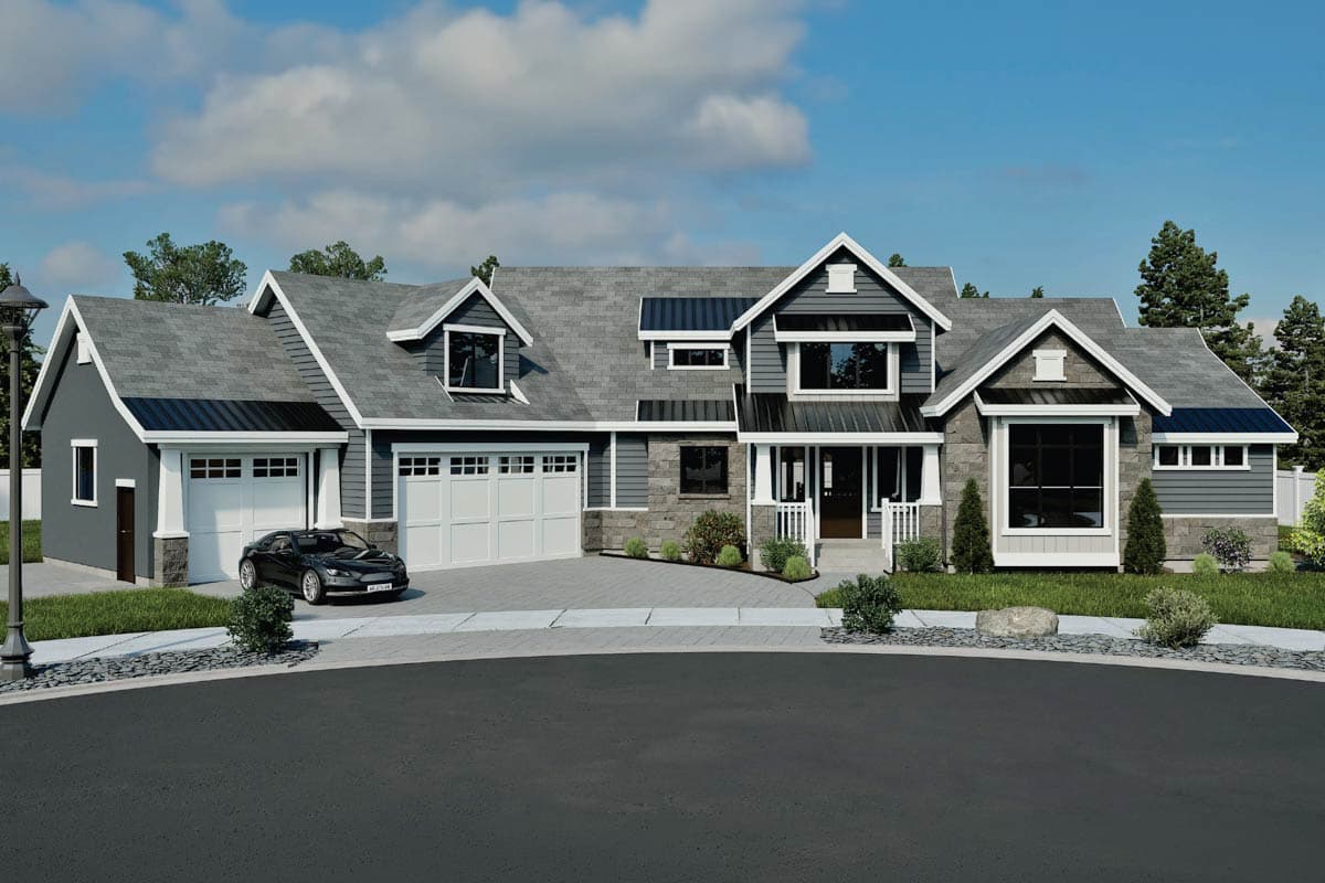 House plan exterior: Two-story modern home with a three-car garage, stone accents, prominent gables, and a covered front porch.