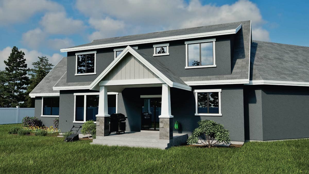 Two-story house plan exterior with covered porch, gabled entrance, multiple rooflines, and dark gray stucco.