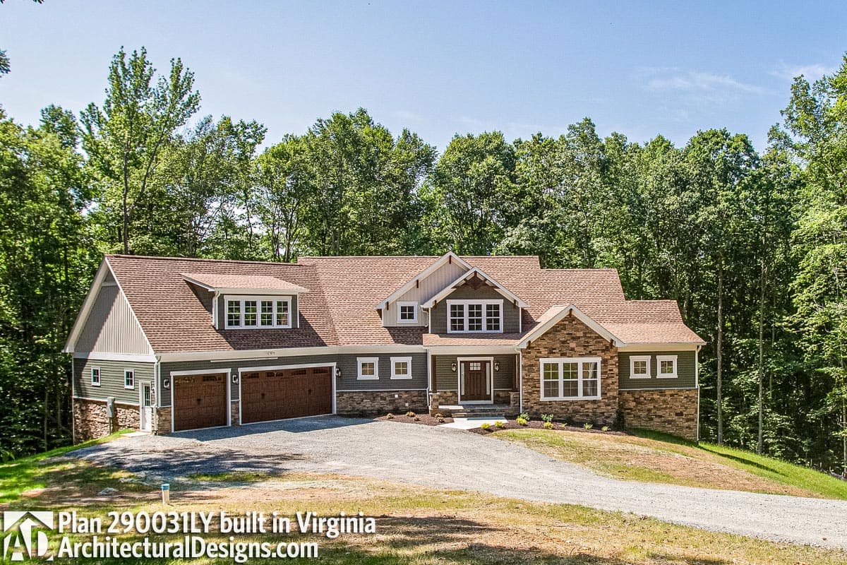 House plan exterior: Two-story Modern Farmhouse with side-entry garage, stone accents, dormers, and gabled rooflines.