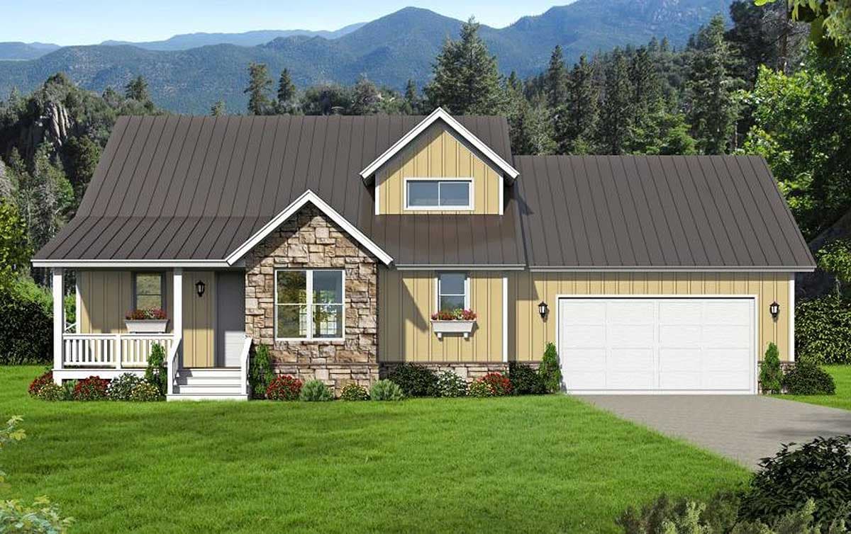 House plan exterior with stone accents, a gable roof, and a front-facing garage. Features include a covered porch and dormer.