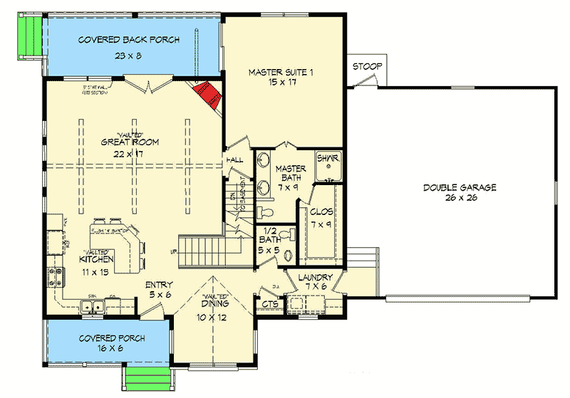 Plan 68469VR: Vacation Cottage with Vaulted Ceilings and Three Master Suites - Floor Plan - Main Level - Cabin, Cottage, Country, Farmhouse, Modern Farmhouse, Rustic, Traditional