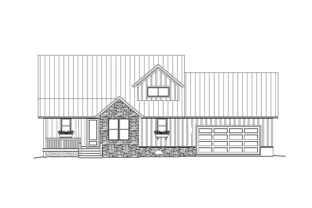 House plan exterior: Gable dormer, stone accent, porch, and two-car garage.