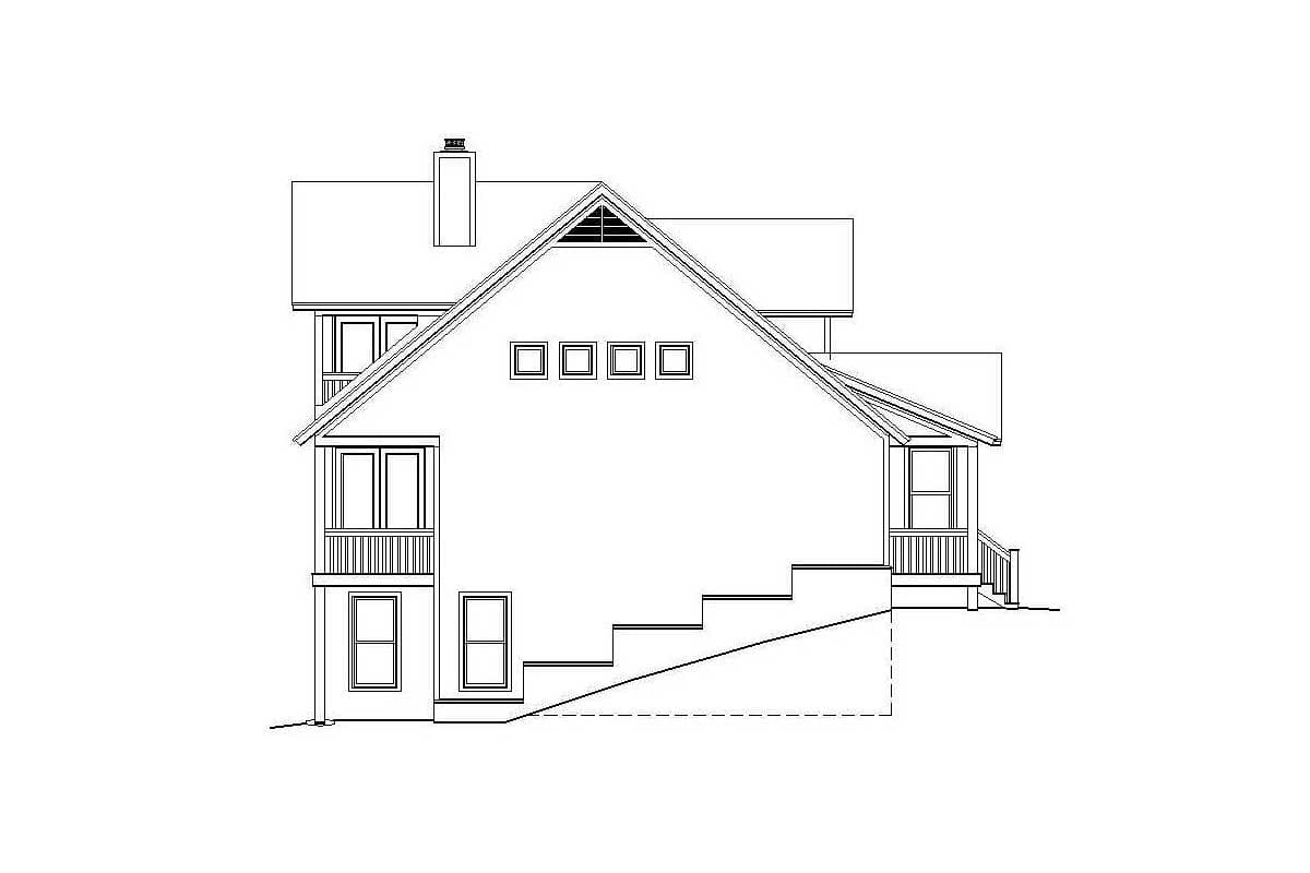House plan exterior elevation showing a multi-story home with gabled roof, chimney, upper deck, and outdoor stairs.