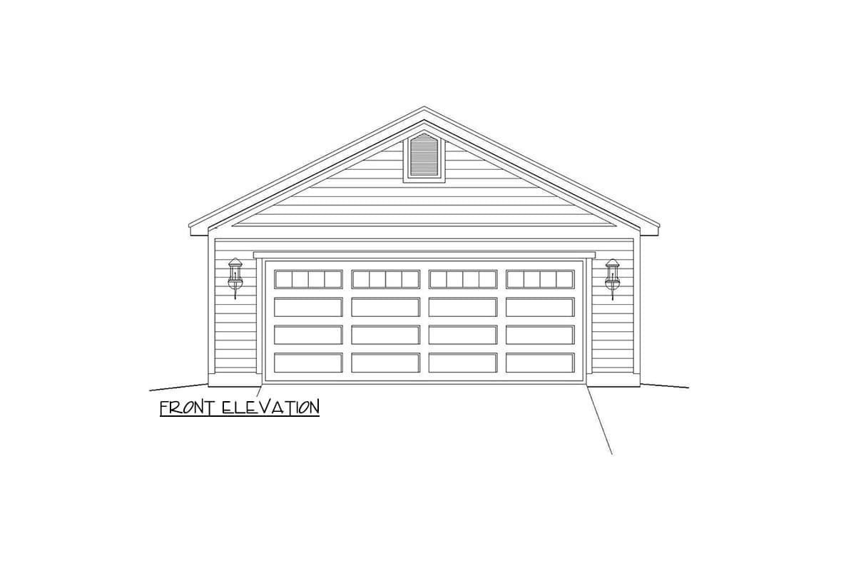 Front elevation drawing of a one-story garage with a gable roof, two garage doors, and decorative lighting.