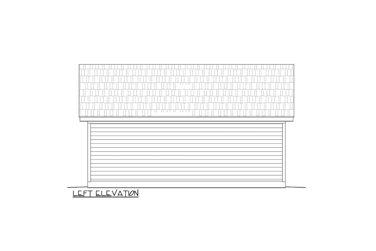 Left elevation drawing of a house plan showing horizontal siding and a shingled roof.