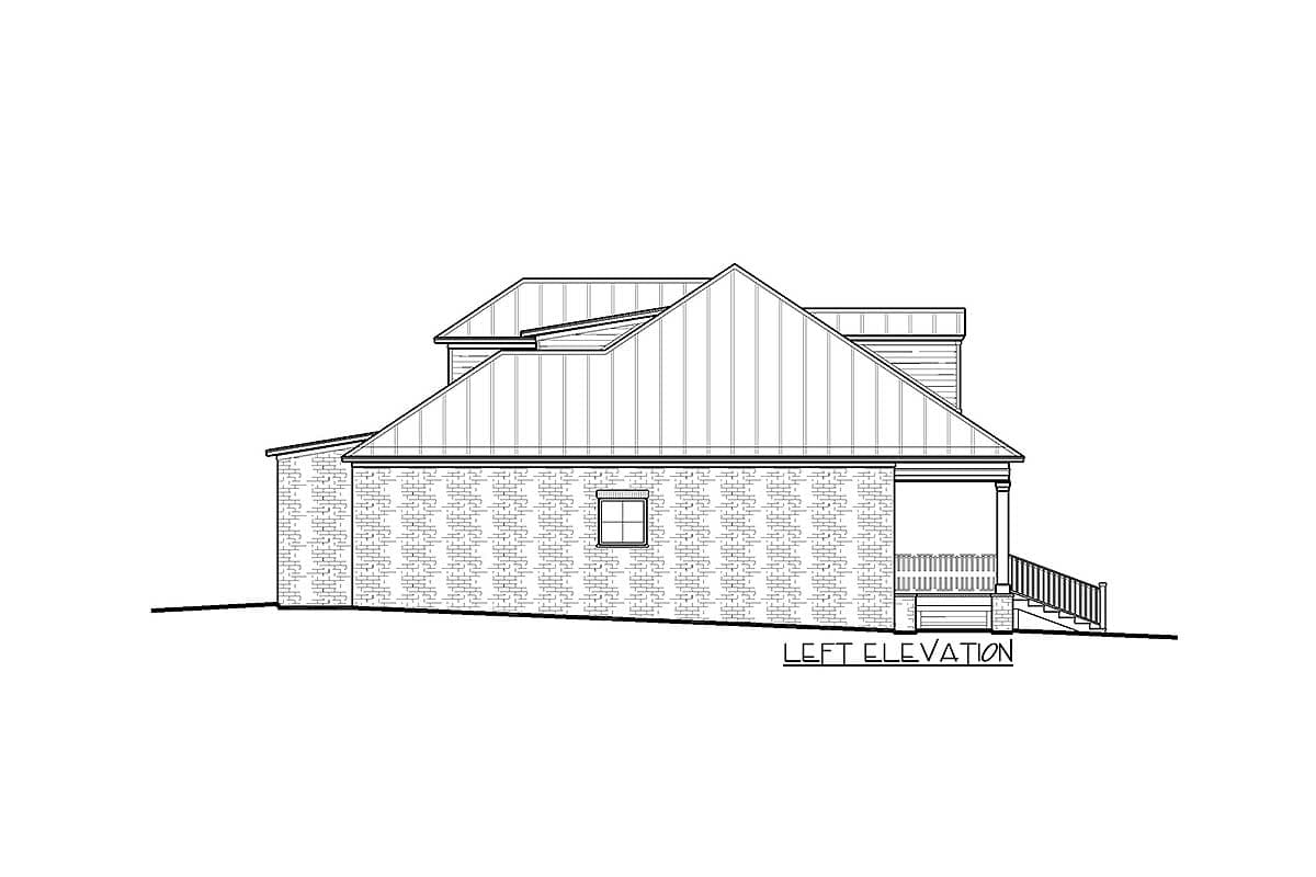 Left elevation house plan drawing with brick exterior, standing seam metal roof, and covered porch with railing.