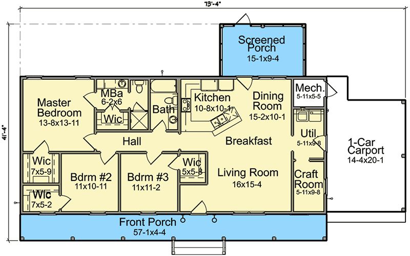 Plan 960025NCK: Economical Ranch House Plan with Carport Under 1500 Sq Ft - Floor Plan - Main Level - Country, Ranch