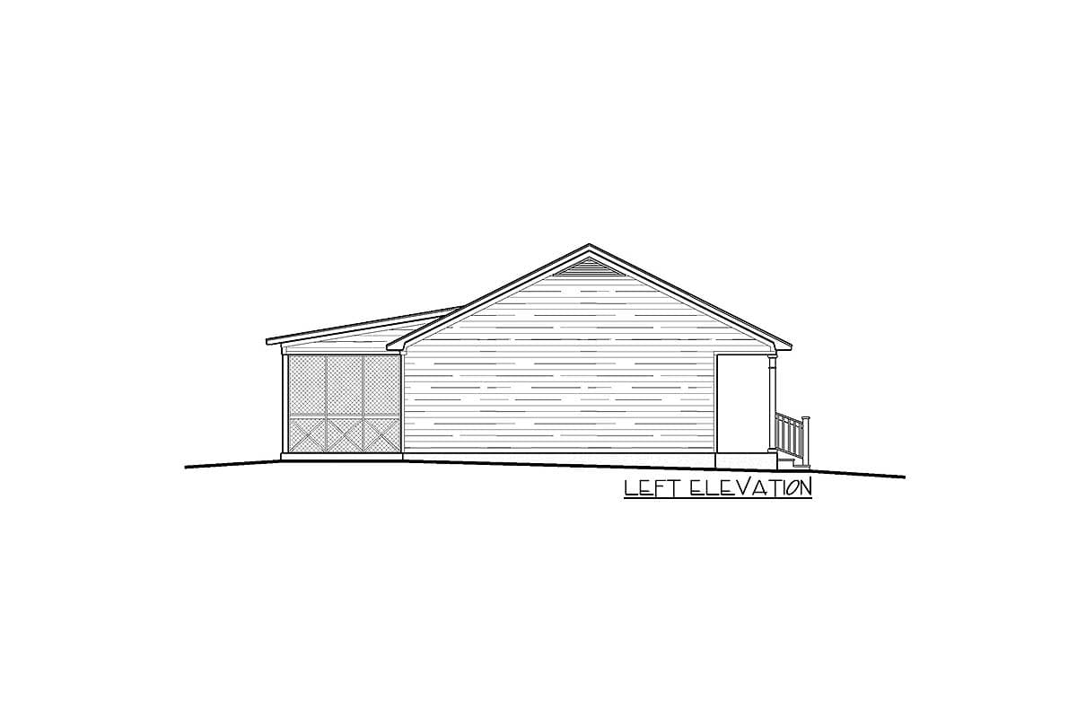 Left elevation drawing of a house plan, showing a screened porch and a small front porch with railing.