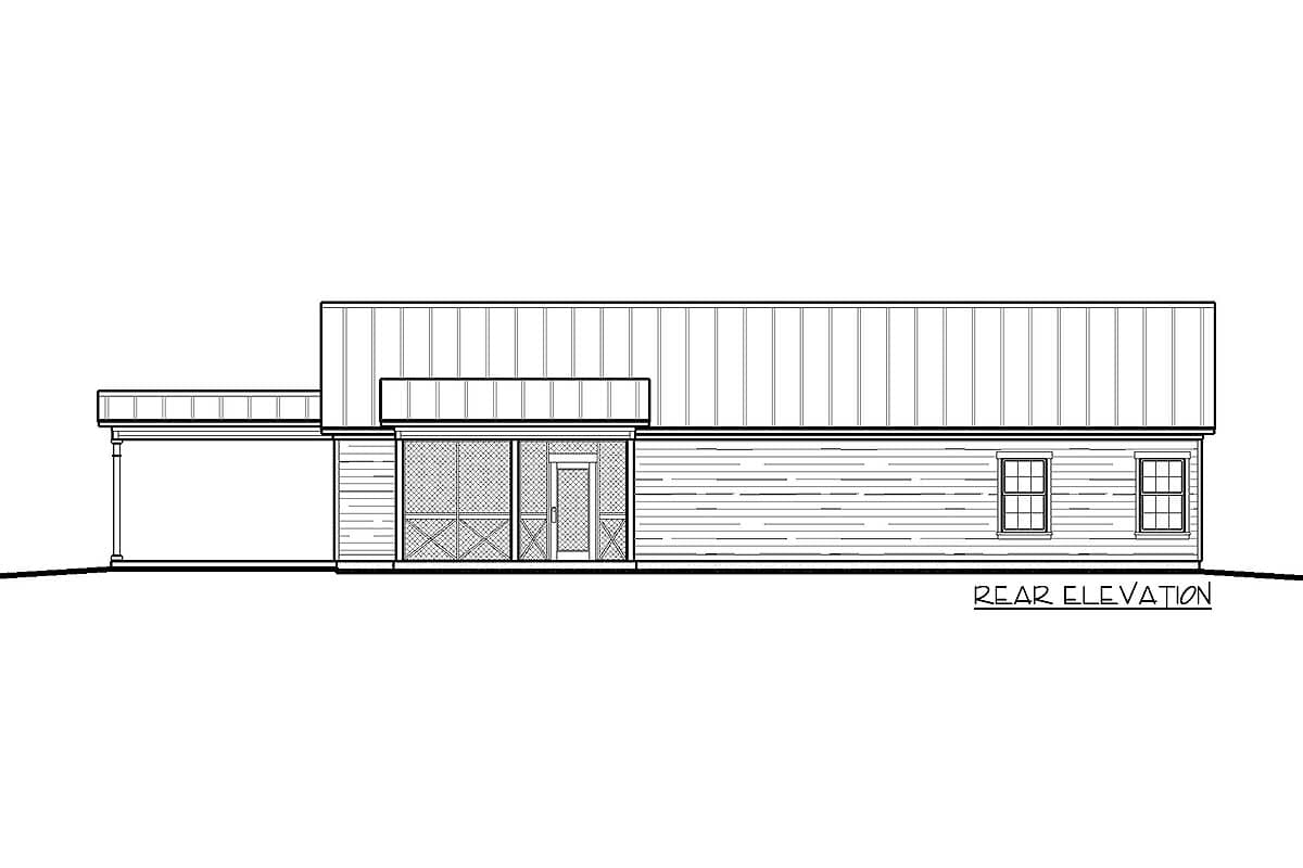 Rear elevation drawing of a house with a screened porch, horizontal siding, and two windows.