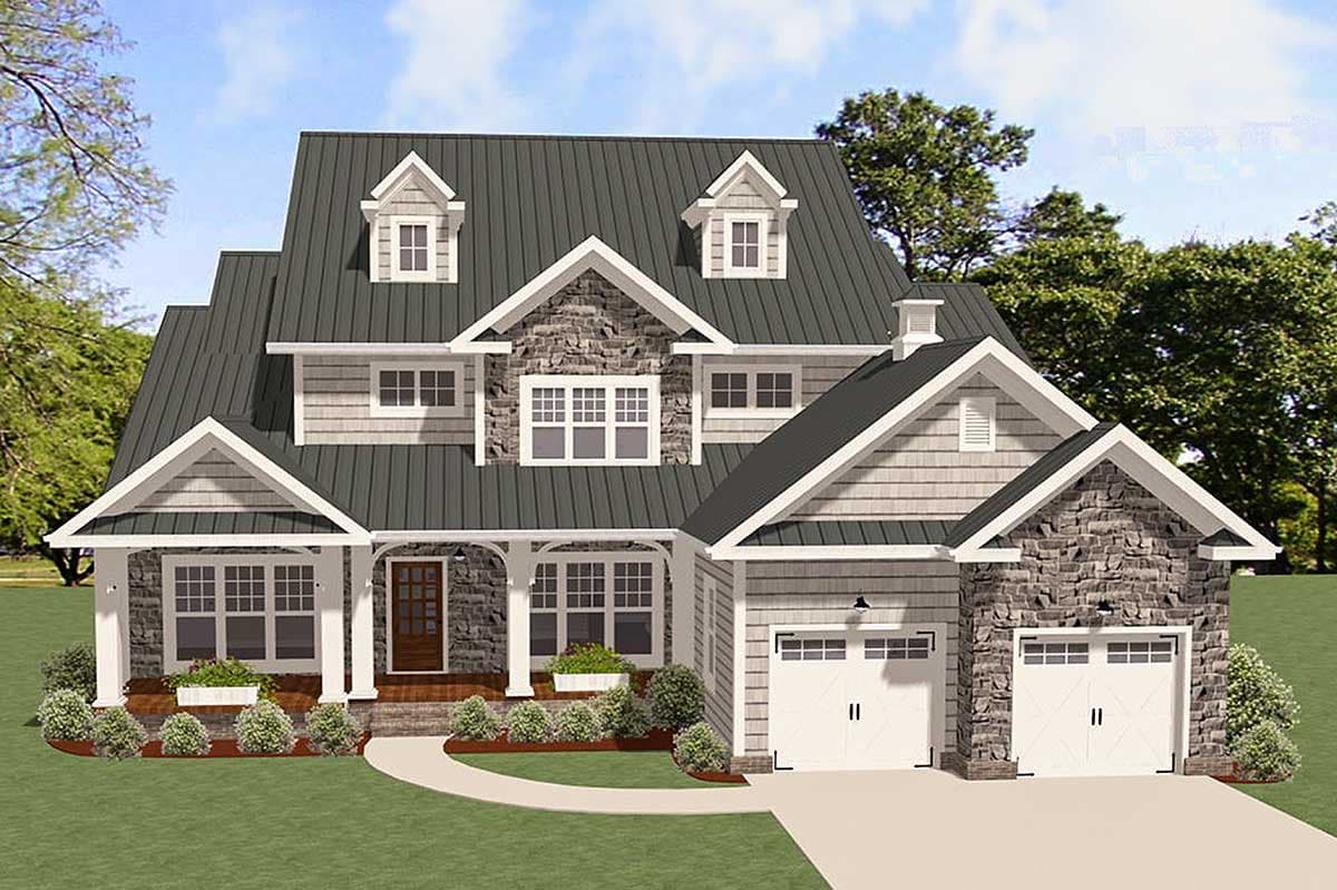 House plan exterior with stone accents, gable roof, dormers, and a front-facing garage with two bays. Features a covered porch.