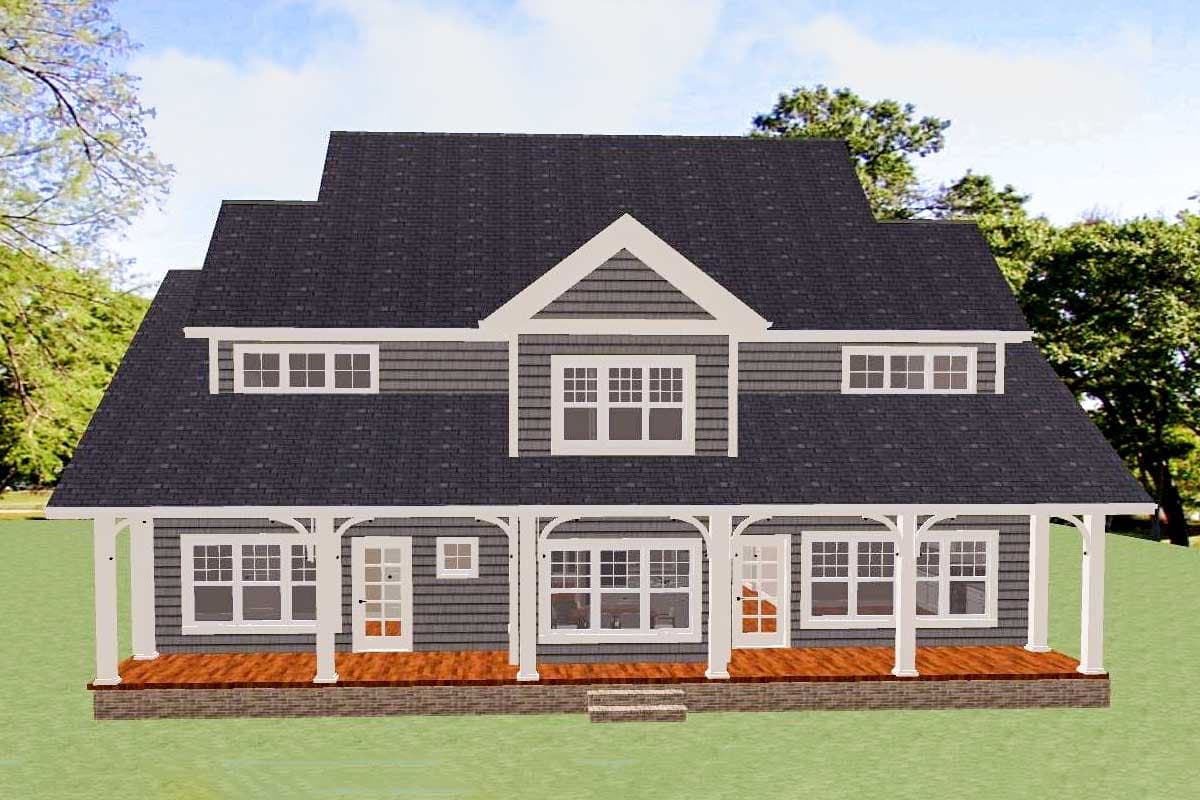 House plan exterior: Two-story dwelling with a wraparound porch, multiple gables, and dormer windows.
