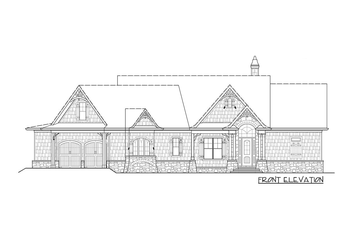 Front elevation house plan with stone base, shingle siding, gabled dormers, arched windows, and a covered entryway.
