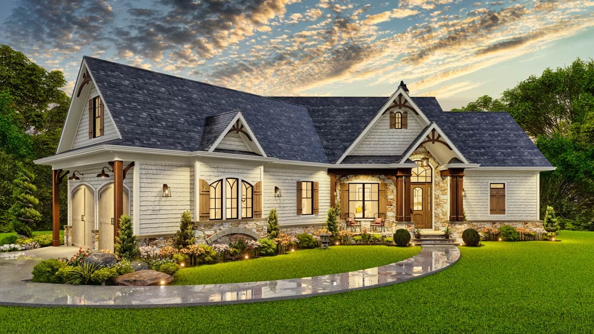 House plan exterior featuring a steep gable roof, stone accents, arched windows, and a three-car garage with barn-style doors.
