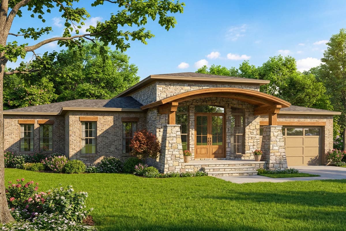 A modern one-story home with a stone and brick exterior. It features a curved wooden porch over double doors, with lush landscaping and a garage.