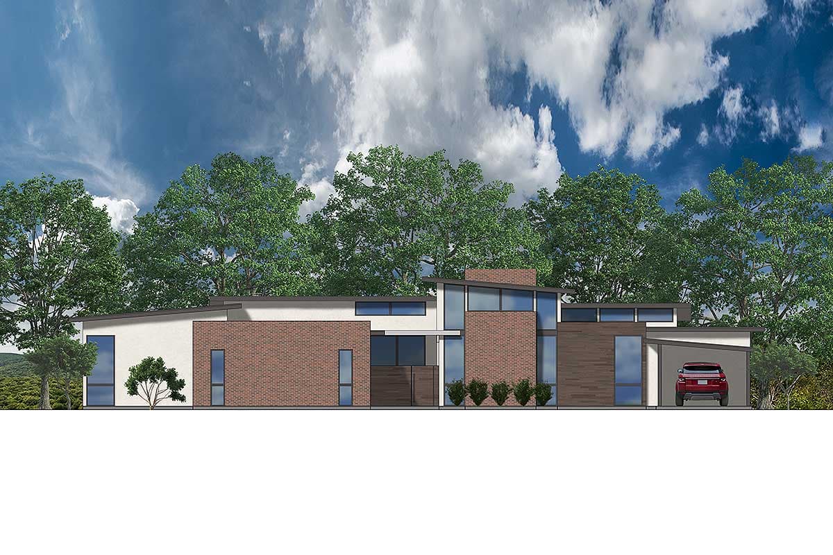 Modern house plan exterior with brick and wood siding, flat rooflines, and large windows.