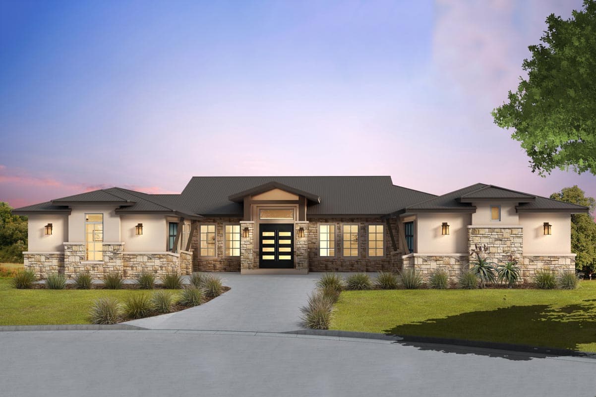 House plan exterior, single-story modern design. Features include stone accents, a flat roof, and a covered entryway with a double door.