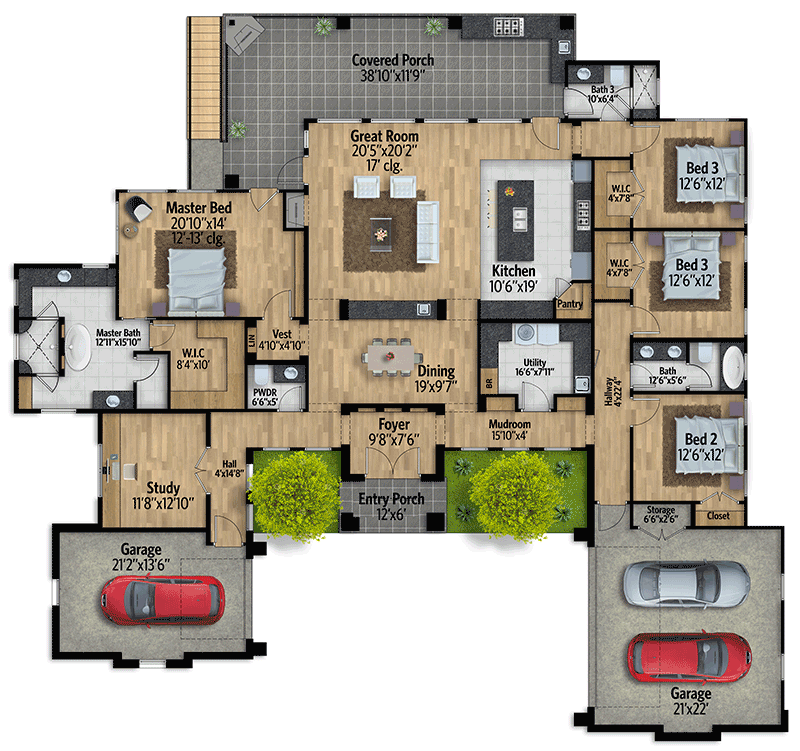 Plan 430011LY:  Hill Country House Plan with 3-Car Garage - Floor Plan - Main Level - Hill Country, Prairie, Ranch, Transitional