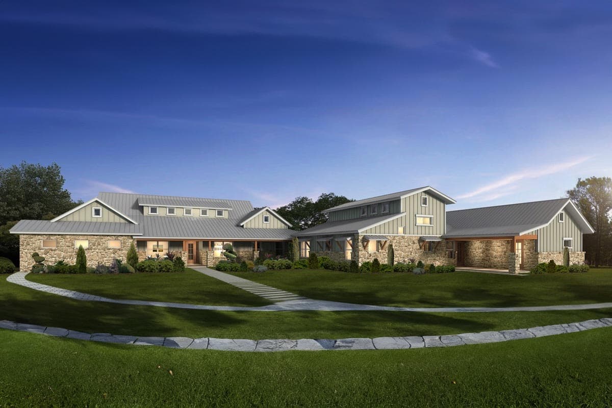 House plan exterior. One-story structure with stone facade, metal roof, and covered porch. Features dormers and shed roof over a covered walkway.