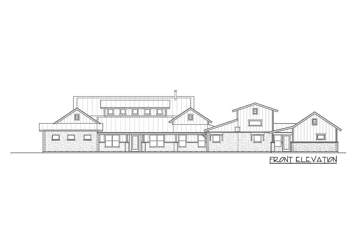 Front elevation drawing of a multi-story house plan with varied rooflines, stone accents, and numerous windows.