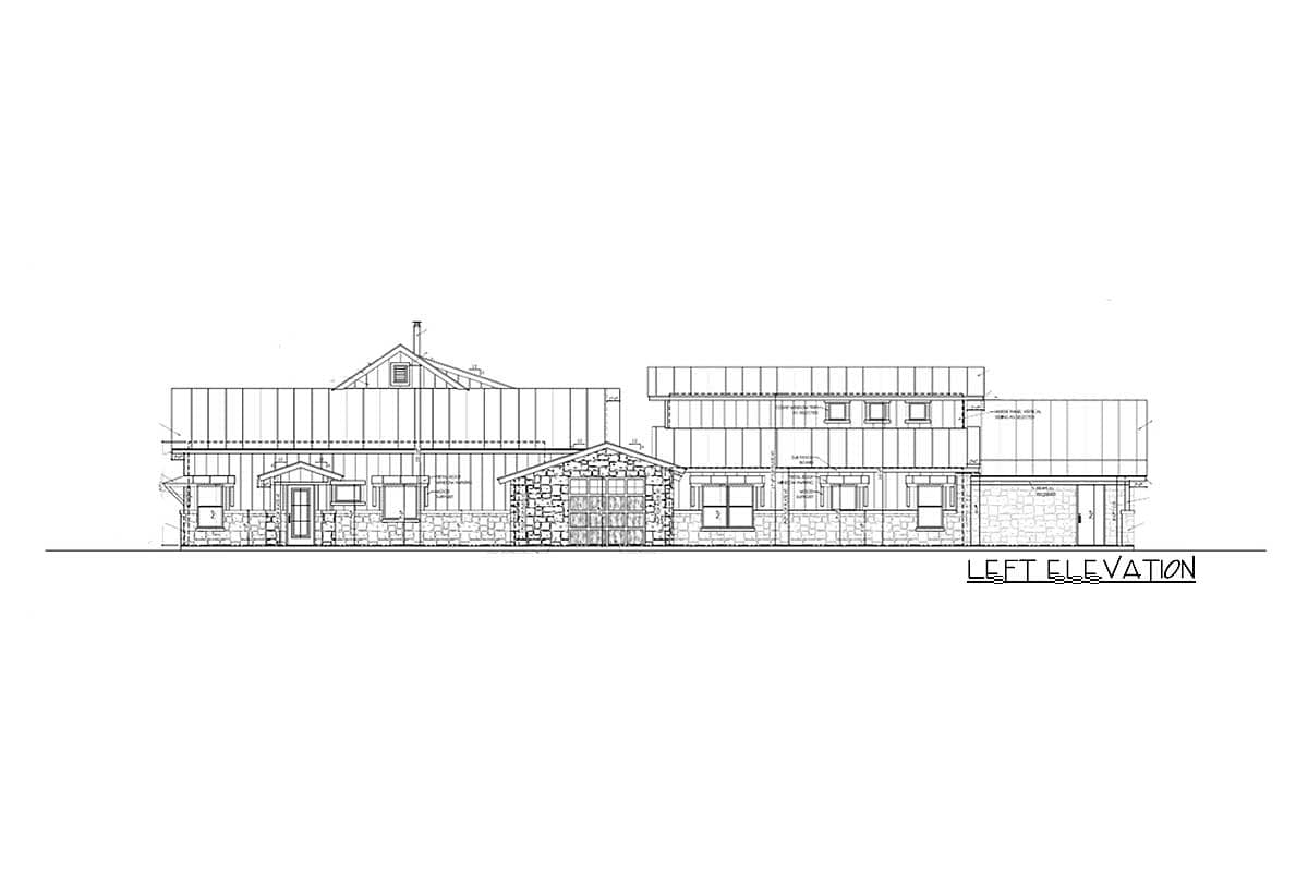 Left elevation drawing of house plan with stone base, vertical siding, gabled roof, and multiple windows.