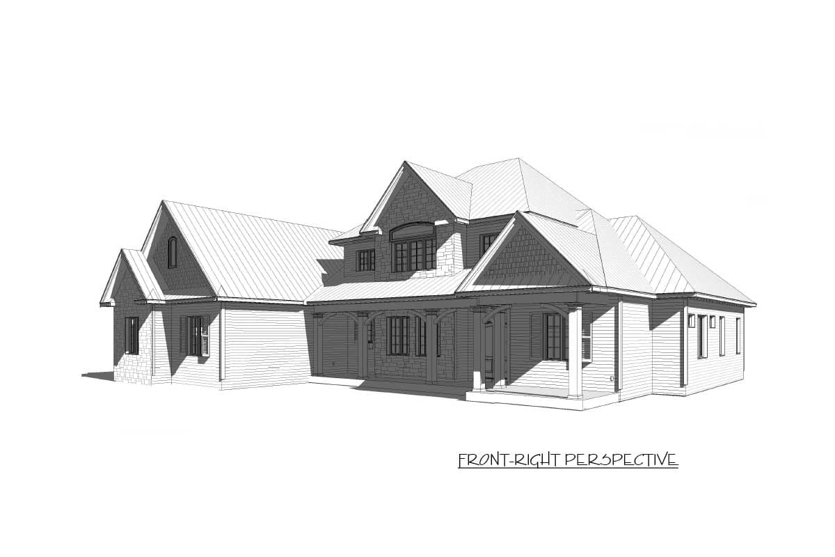 House plan exterior rendering with gables, a covered porch with columns, and mixed siding.