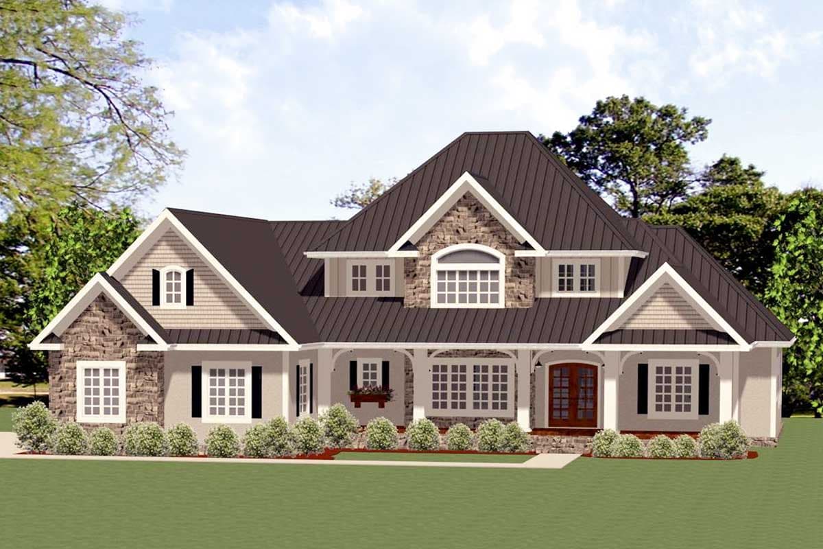 House plan exterior. Two-story with stone accents, front porch, and multiple gables. Features a dark brown roof and dormers.