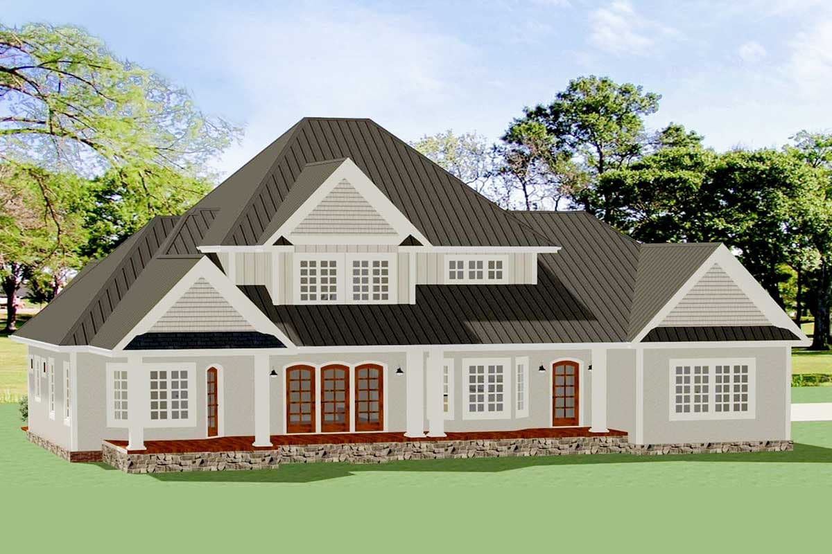 House plan exterior: A one-and-a-half-story Modern Farmhouse with a prominent gable, metal roof, dormers, and a covered porch.