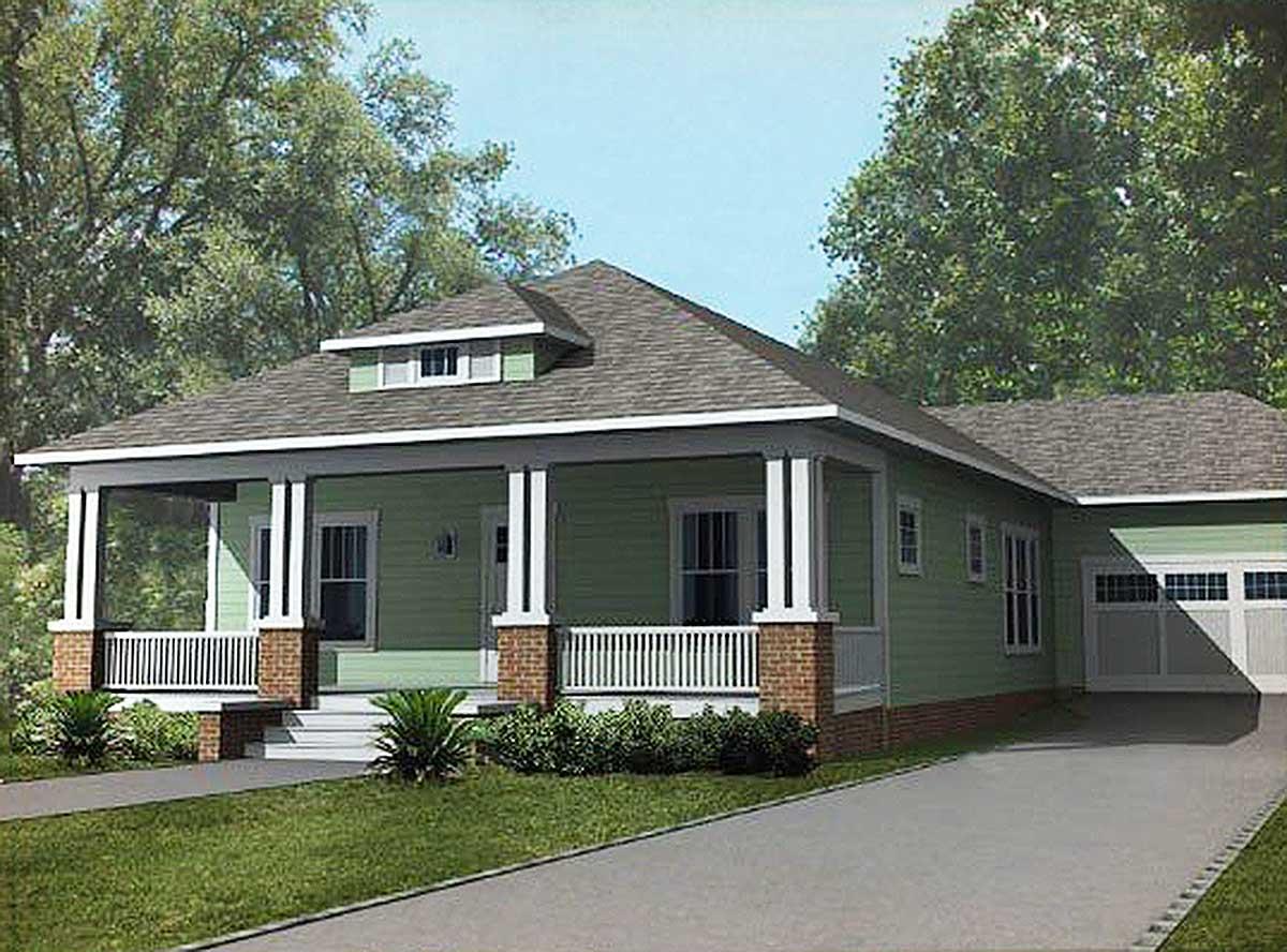 House plan exterior: One-story Craftsman-style home with large front porch, brick piers, gable dormer, and attached garage.