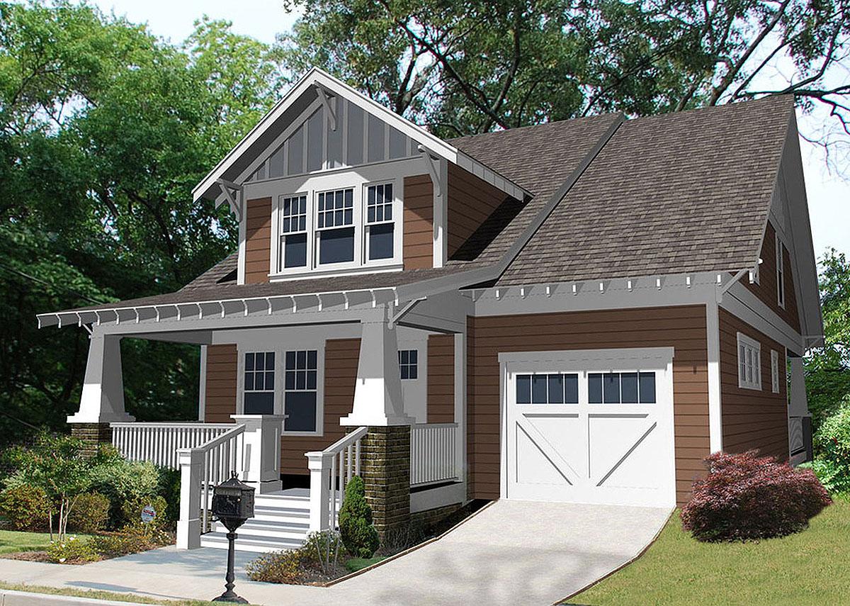 House plan exterior view of a two-story Craftsman home. Features include a front porch, gables, and an attached garage.