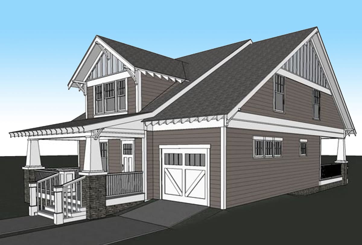 House plan exterior featuring a two-story design with a covered porch, gabled dormers, and an attached garage.
