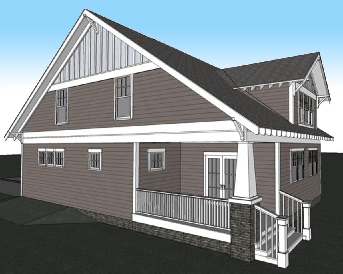 House plan exterior: Two-story home with wide front porch, prominent gables, and double-hung windows.