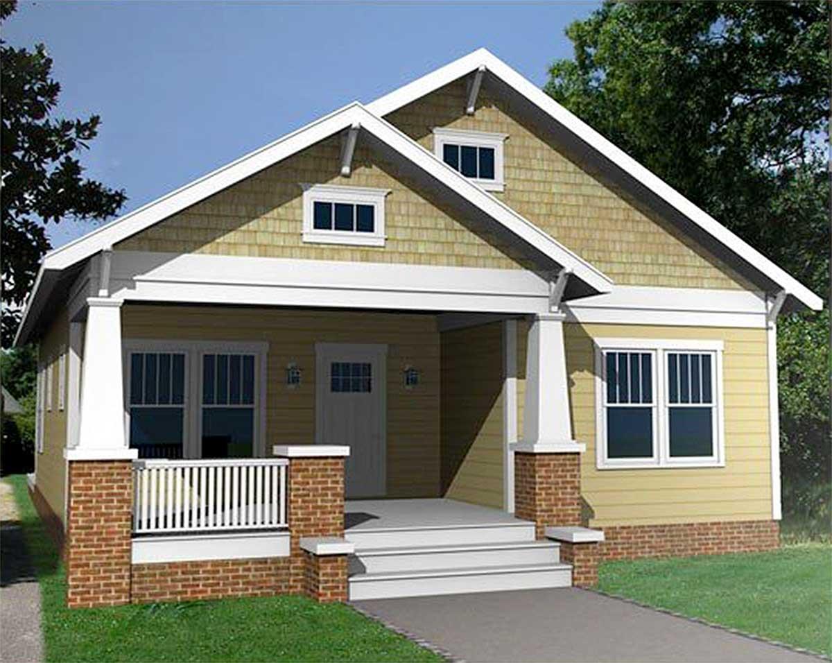 House plan exterior showing a one-story Craftsman style home with a gabled roof, front porch with brick columns, and dormer windows.