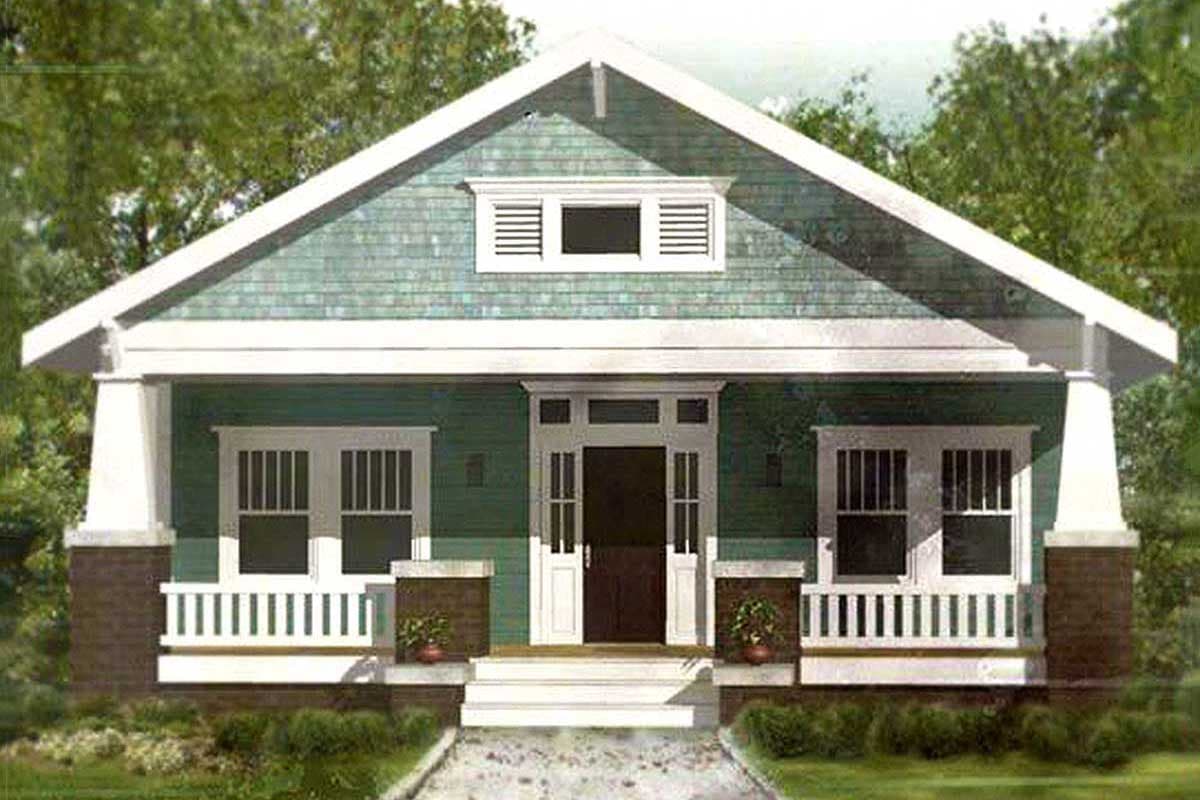 House plan exterior. Craftsman style, single story. Features include a front porch with a railing, a gable roof, and a decorative eave detail.