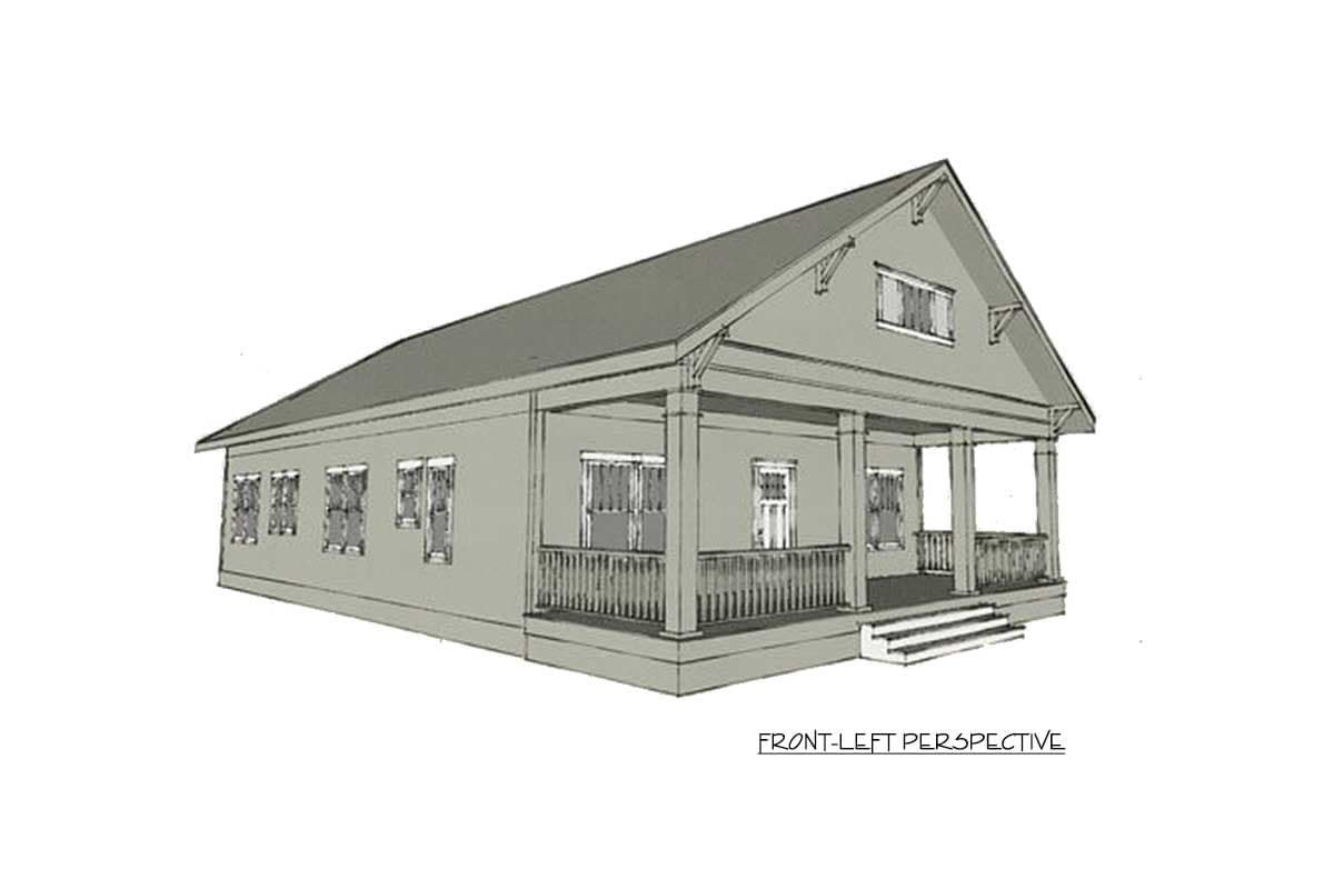 House plan exterior, one-story home with a full-width front porch, hipped roof, and gable dormer.