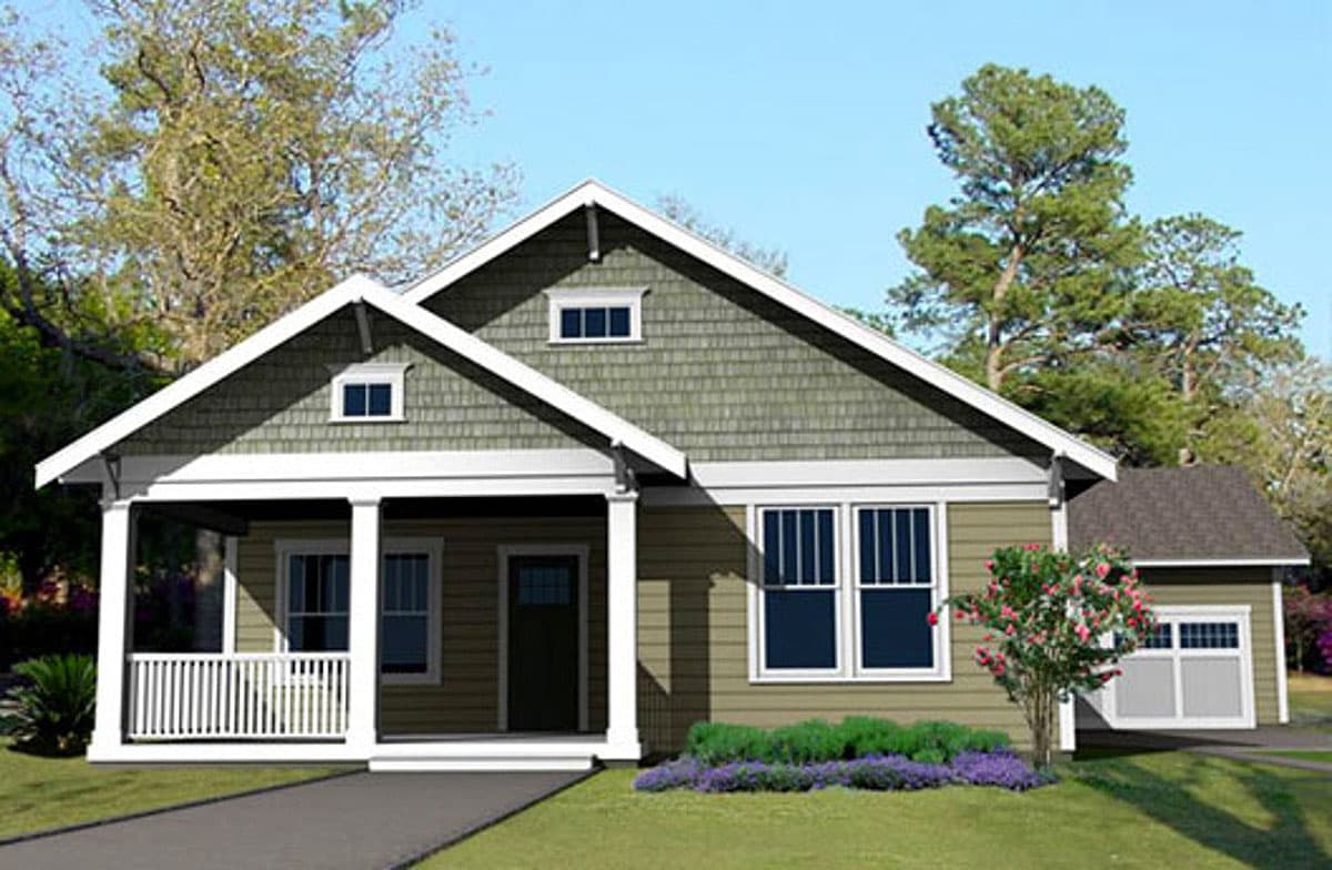 Craftsman style house plan exterior with a gabled roof, wide eaves, front porch with railing, and a single-car garage.