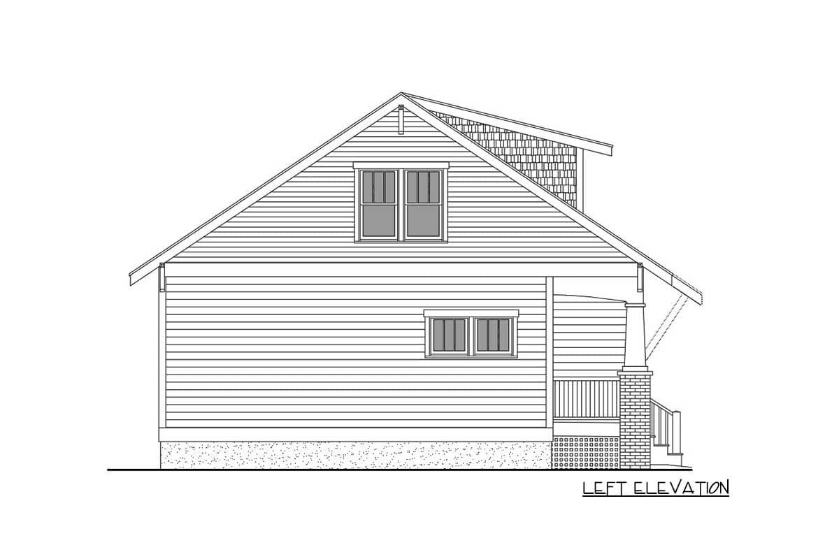 Left elevation house plan drawing featuring a gable roof, dormer, siding, and a porch with brick pillars.
