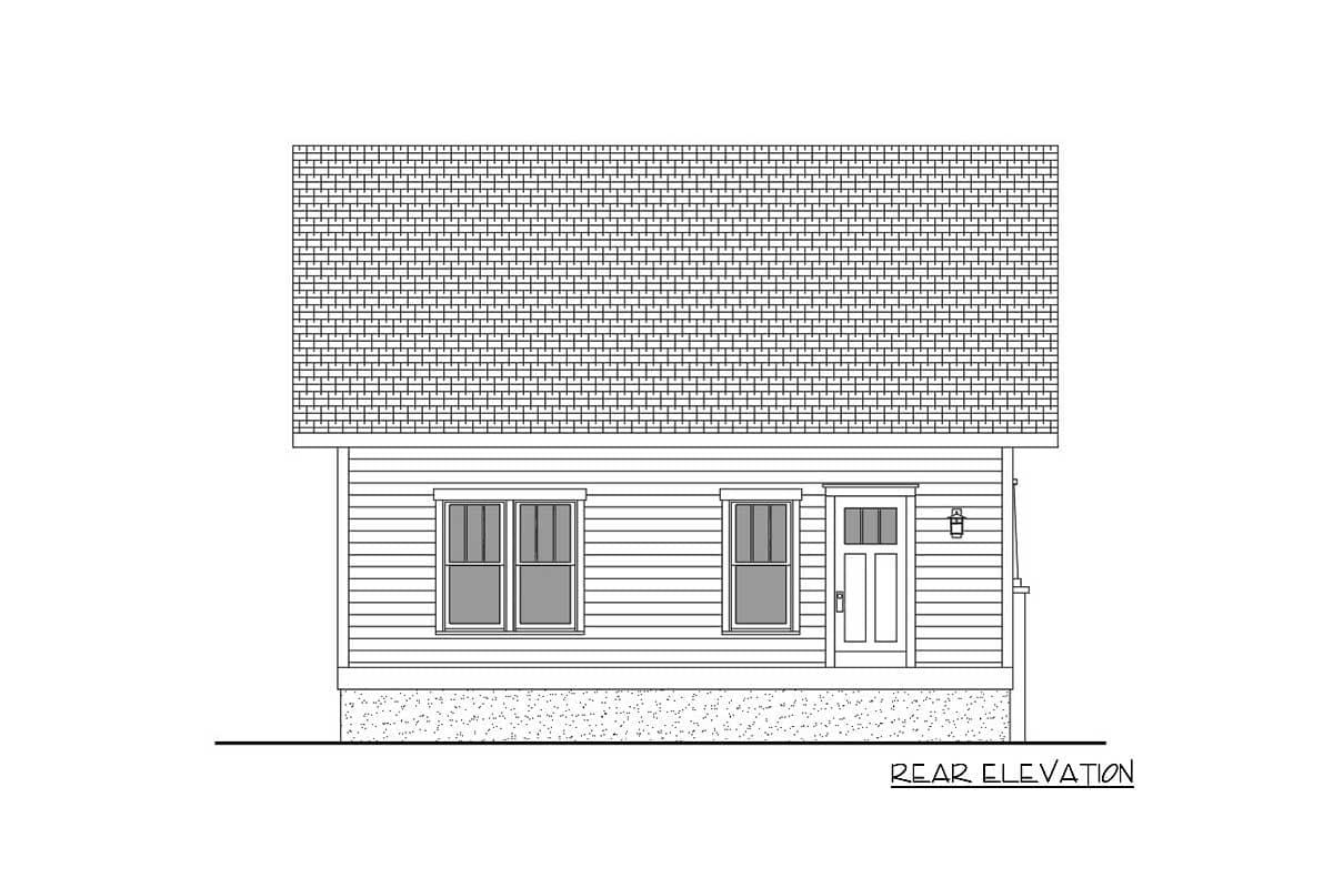 Rear elevation drawing of a house plan, featuring a pitched roof, horizontal siding, two windows, and a central door with a small covered porch.