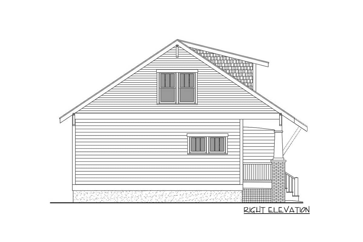Right elevation house plan, two stories, lap siding, gabled roof with dormer, porch with columns and brick base.